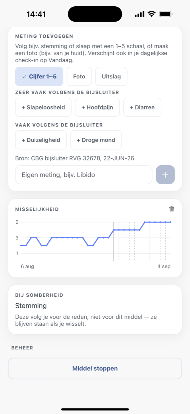Bijwerkingen uit de bijsluiter als keuzechips, gegroepeerd op zeer vaak en vaak, met de bron CBG bijsluiter en datum eronder.