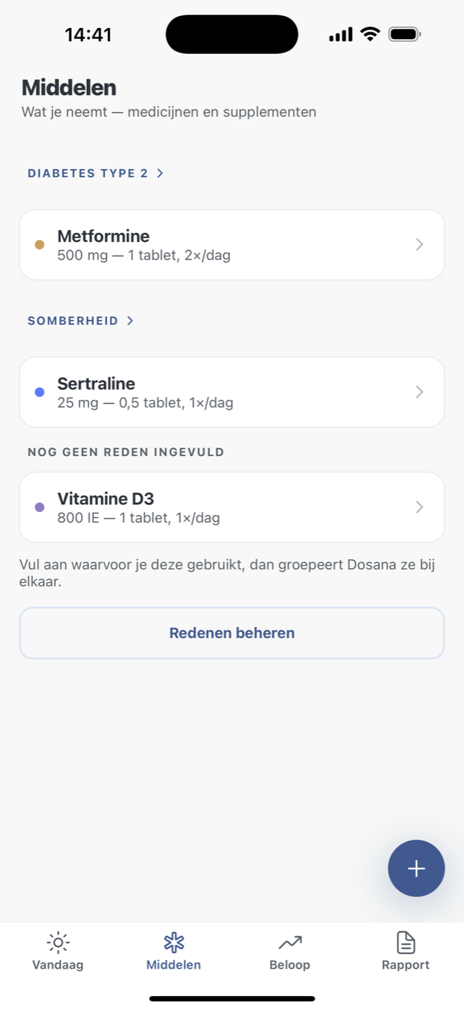 Het scherm Middelen: medicijnen en supplementen gegroepeerd per reden.