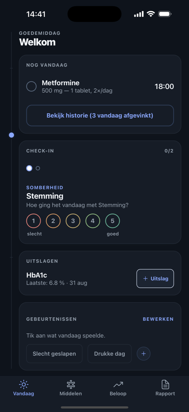 Het scherm Vandaag in de donkere avondweergave.